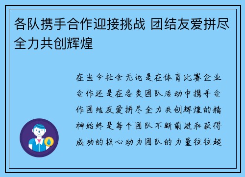 各队携手合作迎接挑战 团结友爱拼尽全力共创辉煌