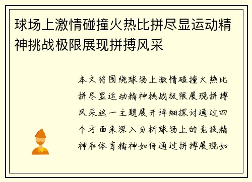 球场上激情碰撞火热比拼尽显运动精神挑战极限展现拼搏风采