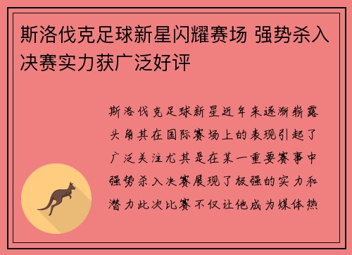 斯洛伐克足球新星闪耀赛场 强势杀入决赛实力获广泛好评
