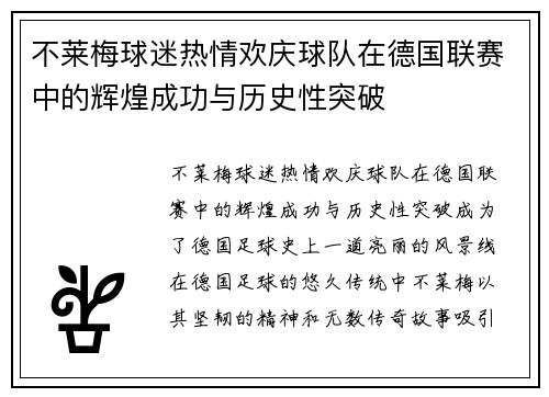不莱梅球迷热情欢庆球队在德国联赛中的辉煌成功与历史性突破