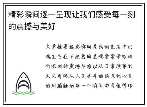 精彩瞬间逐一呈现让我们感受每一刻的震撼与美好