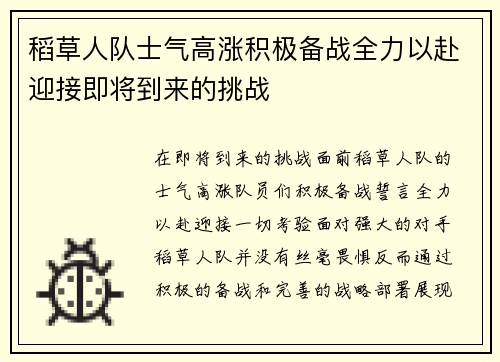 稻草人队士气高涨积极备战全力以赴迎接即将到来的挑战