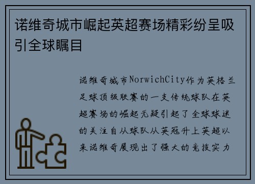 诺维奇城市崛起英超赛场精彩纷呈吸引全球瞩目