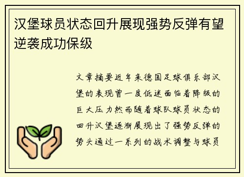 汉堡球员状态回升展现强势反弹有望逆袭成功保级